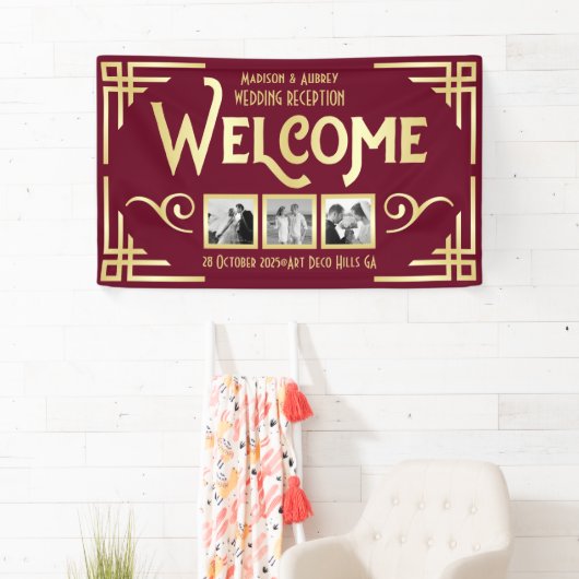 Banderoles Mariage Art déco Gold Bourgogne Trois photos Bienv (En situation)
