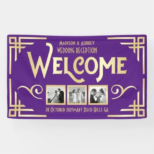 Banderoles Mariage Art déco Gold Purple Trois photos Bienvenu (Horizontal)