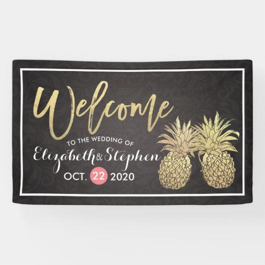 Banderoles Mariage Bienvenue Black Gold moderne Ananas Couple (Horizontal)