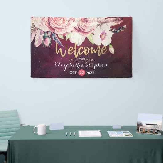 Banderoles Mariage Bienvenue Boho Floral Feathers Bourgogne R (Salon professionnel)