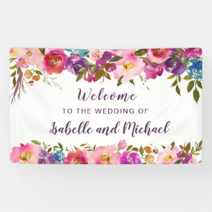 Banderoles Mariage Bienvenue Fleurs Aquarelle Rose et Violet