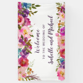 Banderoles Mariage Bienvenue Fleurs Aquarelle Rose et Violet (Vertical)