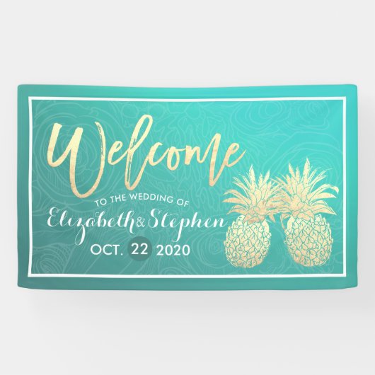 Banderoles Mariage Bienvenue Golden Pineappy Couple Roses Tur (Horizontal)