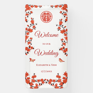 Banderoles Mariage chinois blanc aux fleurs rouges de cerisie