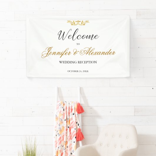 Banderoles Mariage d'accueil simple et modifiable en or blanc (En situation)