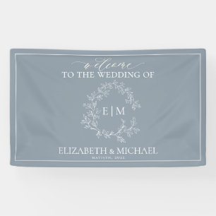 Banderoles Mariage de monogramme moderne Dusty Blue Leafy Cre