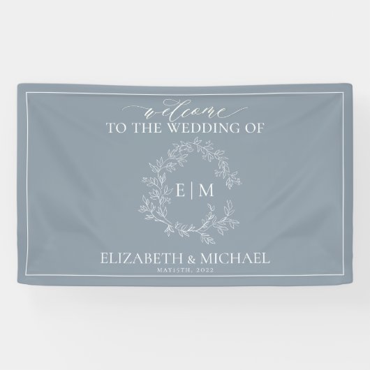 Banderoles Mariage de monogramme moderne Dusty Blue Leafy Cre (Horizontal)
