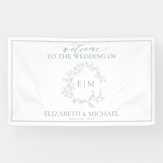 Banderoles Mariage de monogramme moderne Dusty Blue Leafy Cre (Horizontal)
