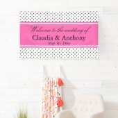 Banderoles Mariage de points Polka noir, blanc et rose (En situation)