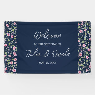 Banderoles Mariage Fleur d'Hibiscus Rose Bleu Navy Poussiéreu