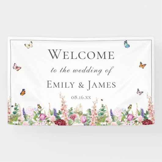 Banderoles Mariage Fleurs Roses Romantiques & Papillons (Horizontal)