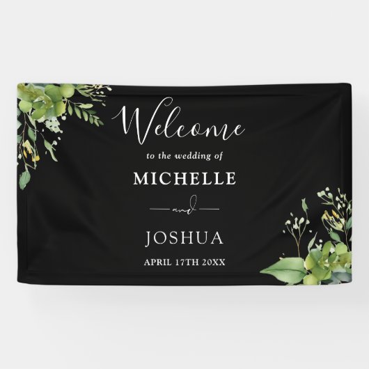 Banderoles Mariage Floral Blanc Et Noir Vert Accueil (Horizontal)