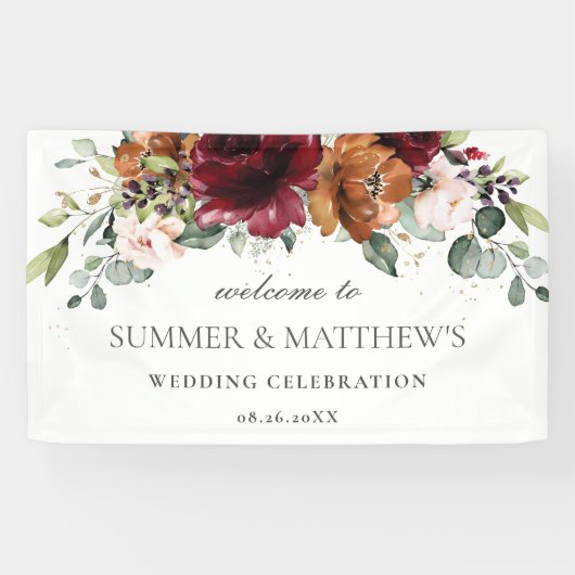 Banderoles Mariage floral d'ivoire rose de Bourgogne (Horizontal)