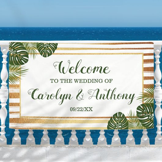 Banderoles Mariage Gold Foil & Green Palm Leaf Beach
