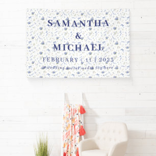 Banderoles Mariage minimaliste à motif floral bleu marine