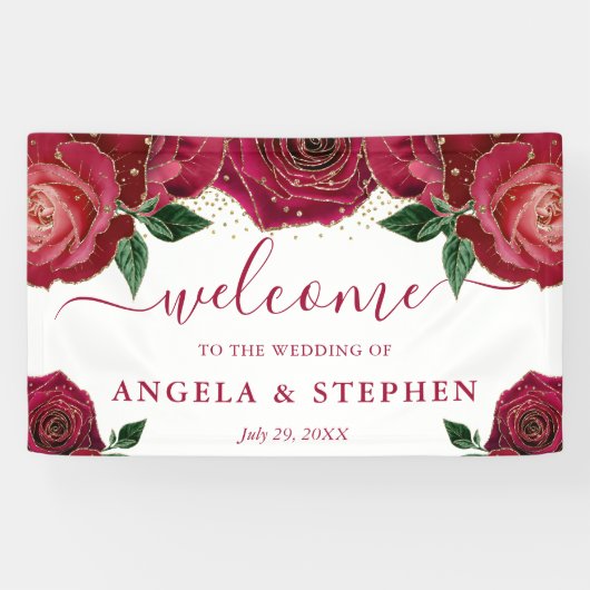 Banderoles Mariage Rose Aquarelle rouge et or (Horizontal)