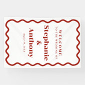 Banderoles Mariage Rouge Foncé Bordure Ondulée Rétro Années 5 (Horizontal)