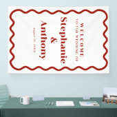 Banderoles Mariage Rouge Foncé Bordure Ondulée Rétro Années 5 (Salon professionnel)