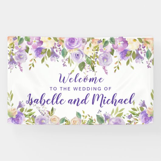 Banderoles Mariage Welcome Aquarelle florale violette et ivoi (Horizontal)