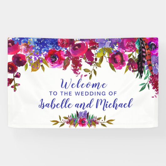 Banderoles Mariage Welcome Floral d'aquarelle violette et rou (Horizontal)
