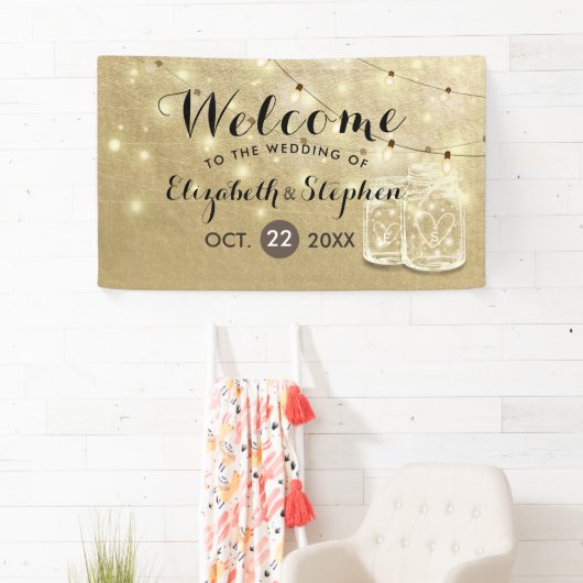 Banderoles Mariage Welcome Mason Jar String Lights Gold Foil (En situation)