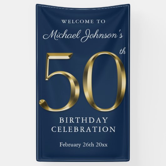 Banderoles Marine Blue 50th Birthday Solid Gold Typographie (Vertical)