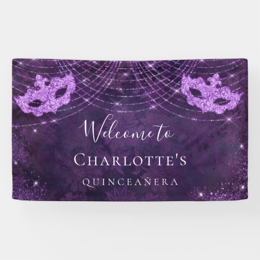 Banderoles Mascarade parties scintillant violet Quinceanera (Horizontal)