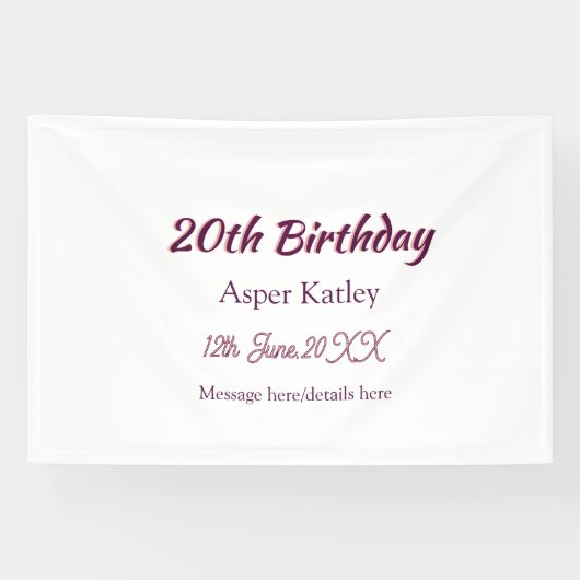 Banderoles Message simple nom date rose violet pour 20e anniv (Horizontal)