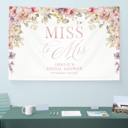 Banderoles Miss to Mrs Bridal shower elegant orchids backdrop (Salon professionnel)