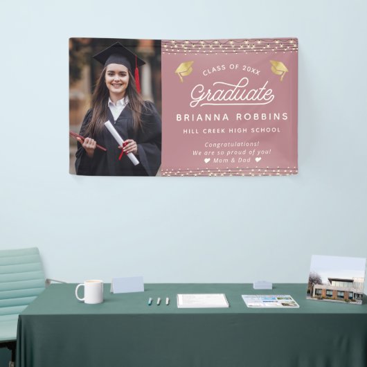 Banderoles Modern Elegant Script Gold Graduation Photo Cassis (Salon professionnel)