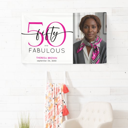 Banderoles Modern Minimal Pink Fifty Fabulous Script Birthday (En situation)