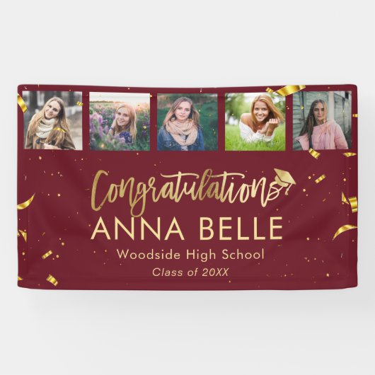 Banderoles Moderne Chic Gold Script Photo Collage Graduation (Horizontal)