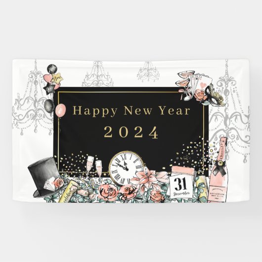 Banderoles Moderne Elegant Black Gold Joyeux New Year Party (Horizontal)