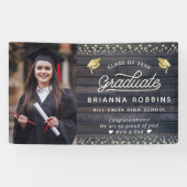 Banderoles Moderne Rustique Script Gold Graduation Photo Bois (Horizontal)