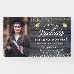 Banderoles Moderne Rustique Script Gold Graduation Photo Bois