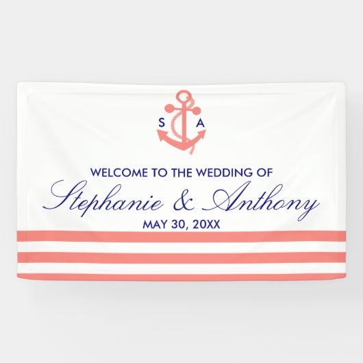 Banderoles Monogramme Coral rose Nautique et Mariage bleu mar (Horizontal)