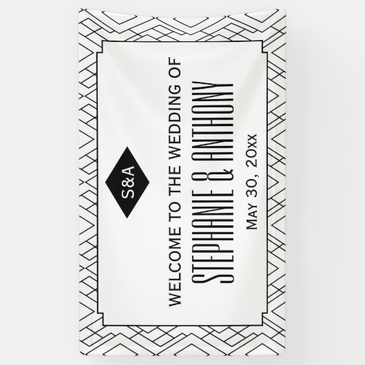 Banderoles Monogramme Mariage Art déco noir et blanc (Vertical)