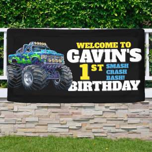 Banderoles Monster Truck Cool Bleu 1er Anniversaire Personnal