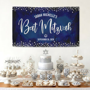 Banderoles Navy Argent Bat Mitzvah Moderne Pailleté Écriture