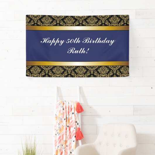 Banderoles Navy Blue Any Age Gold Damask Anniversaire Banner (En situation)