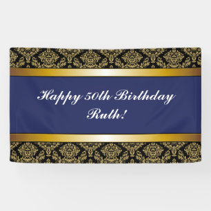 Banderoles Navy Blue Any Age Gold Damask Anniversaire Banner