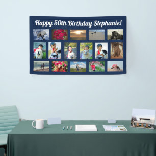 Banderoles Navy Blue Custom 16 Photo Collage Anniversaire