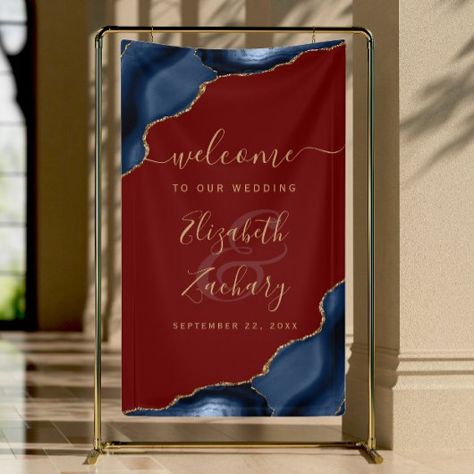 Banderoles Navy Blue Gold Agate Burgundy Wedding Welcome