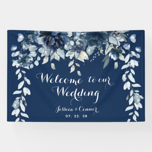 Banderoles Navy Dusty Blue Eucalyptus Welcome To Our Wedding (Horizontal)