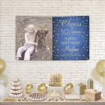 Banderoles N'IMPORTE QUELLE Oreille Brossé Bleu et Or 1 Photo<br><div class="desc">Célébrez un joyeux anniversaire d'étape avec une bannière personnalisée de fête bleue et or photo. Design est doté d'une image de votre choix, de la calligraphie script moderne éditable "Cheers to 50 Years" et des points de confetti à l'aspect feuille sur un arrière - plan d'acier inoxydable brossé bleu royal....</div>