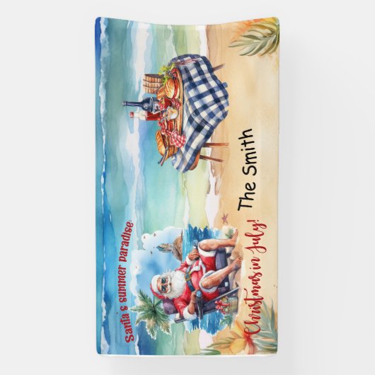 Banderoles Noël en juillet Le Père Noël à la plage drôle (Verticale)