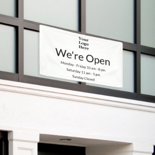 Banderoles Nous sommes Open Black and White Logo Heures d'ouv