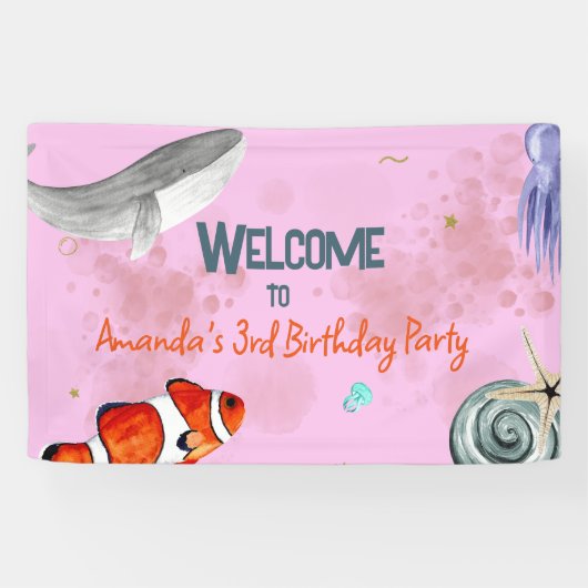 Banderoles Ocean Animals Filles Rose Anniversaire Bienvenue (Horizontal)