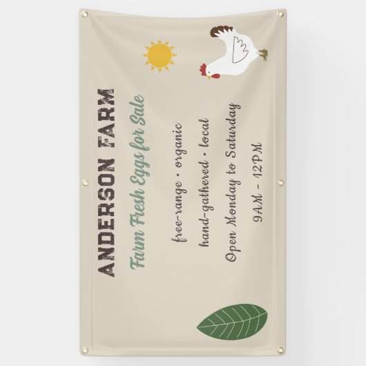 Banderoles Oeufs frais de ferme - Poulet, soleil et feuille (Vertical)