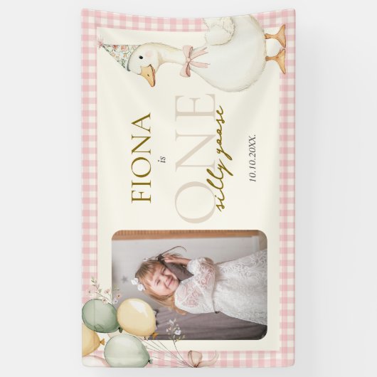 Banderoles One Silly Goose Pink Gingham 1st Birthday Photo (Vertical)